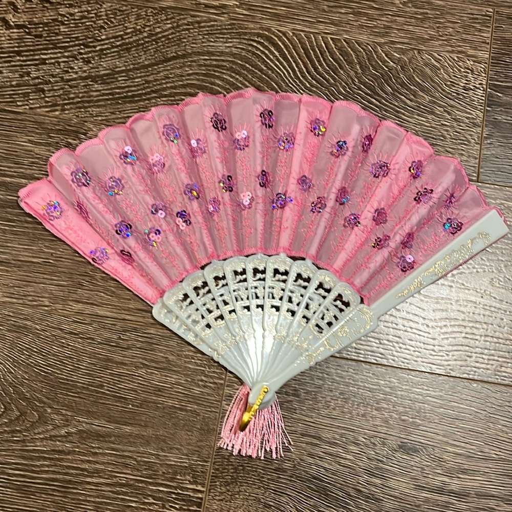 Pink Sequin Foldable Fan